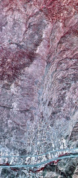 Adjusted False-Color Infrared of Three Guns Canyon.